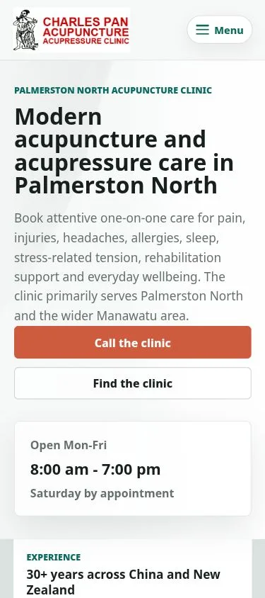 Mobile view of the Charles Pan Acupuncture website with call and clinic actions