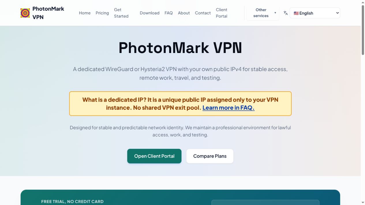 PhotonMark VPN customer website and account portal